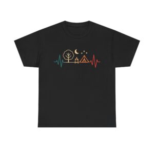 Camping heartbeat t-shirt – minimalist tent and campfire design under moon and stars