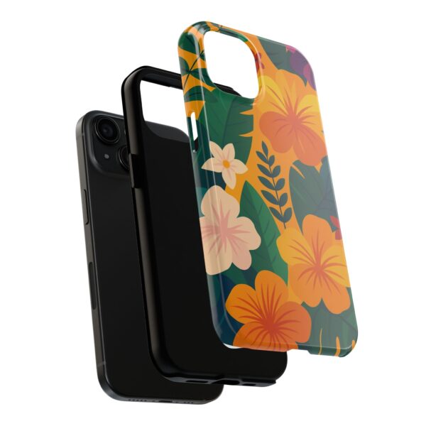 Tropical phone case with orange hibiscus flowers and green leaves