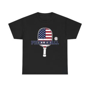 Vintage pickleball paddle with American flag design, ball, and bold PICKLEBALL text