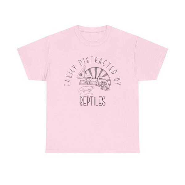 Vintage-style chameleon and lizard graphic with the phrase "Easily Distracted By Reptiles" – funny reptile lover t-shirt