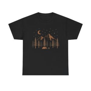 Camping unisex T-Shirt – Night Campfire in Forest with Mountains, Moon & Stars – Outdoors Nature Lover Tee