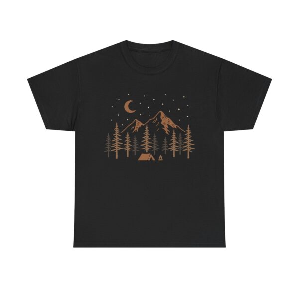Camping unisex T-Shirt – Night Campfire in Forest with Mountains, Moon & Stars – Outdoors Nature Lover Tee