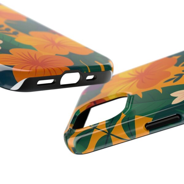 Tropical phone case with orange hibiscus flowers and green leaves