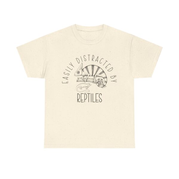 Vintage-style chameleon and lizard graphic with the phrase "Easily Distracted By Reptiles" – funny reptile lover t-shirt