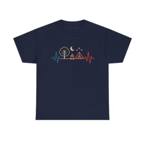 Camping heartbeat t-shirt – minimalist tent and campfire design under moon and stars