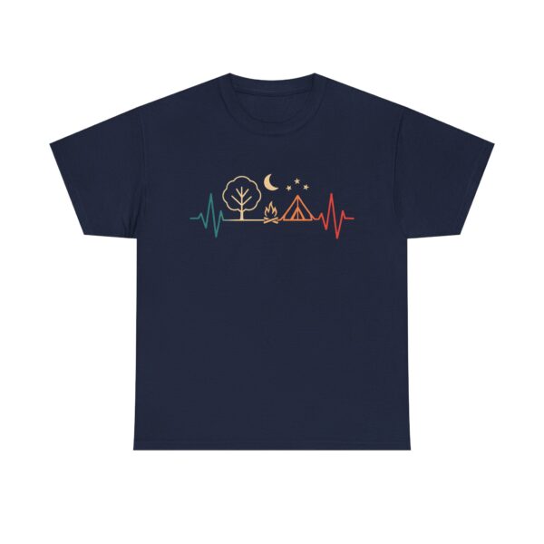 Camping heartbeat t-shirt – minimalist tent and campfire design under moon and stars