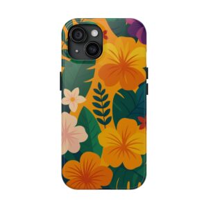 Tropical phone case with orange hibiscus flowers and green leaves