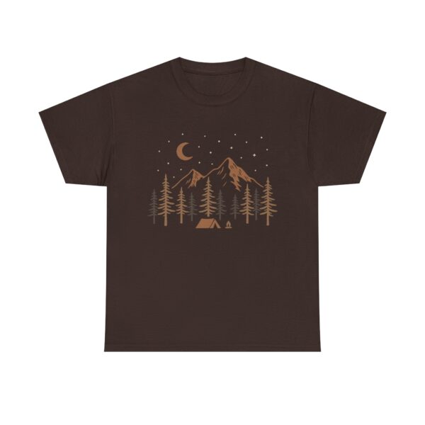 Camping unisex T-Shirt – Night Campfire in Forest with Mountains, Moon & Stars – Outdoors Nature Lover Tee - Image 2