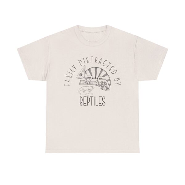 Vintage-style chameleon and lizard graphic with the phrase "Easily Distracted By Reptiles" – funny reptile lover t-shirt