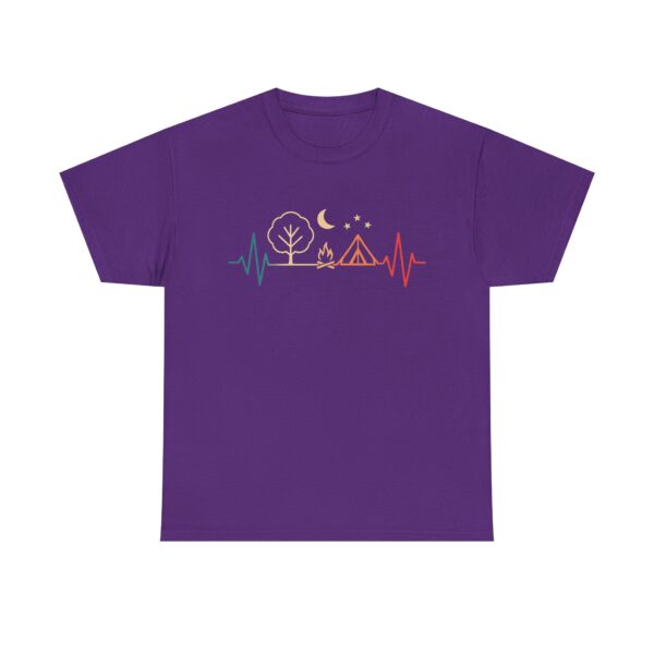 Camping heartbeat t-shirt – minimalist tent and campfire design under moon and stars