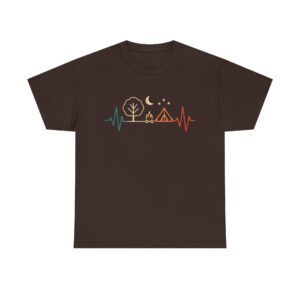 Camping heartbeat t-shirt – minimalist tent and campfire design under moon and stars