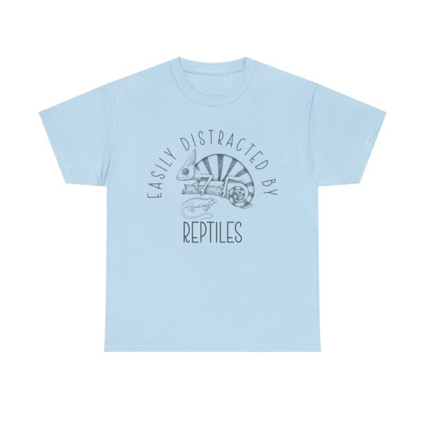 Vintage-style chameleon and lizard graphic with the phrase "Easily Distracted By Reptiles" – funny reptile lover t-shirt