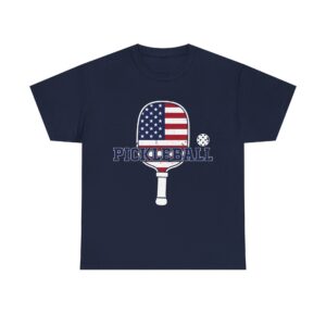 Vintage pickleball paddle with American flag design, ball, and bold PICKLEBALL text