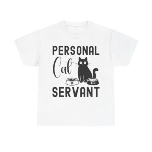 Funny cat t-shirt with “Personal Cat Servant” text and cute cat graphic