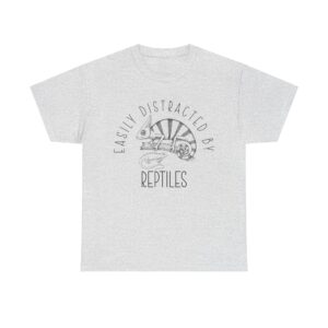 Vintage-style chameleon and lizard graphic with the phrase "Easily Distracted By Reptiles" – funny reptile lover t-shirt