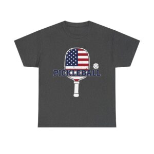 Vintage pickleball paddle with American flag design, ball, and bold PICKLEBALL text