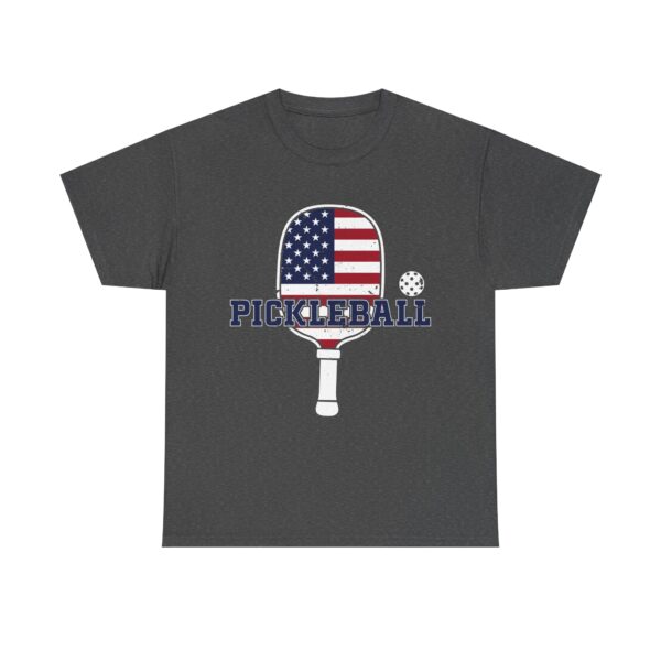 Vintage pickleball paddle with American flag design, ball, and bold PICKLEBALL text