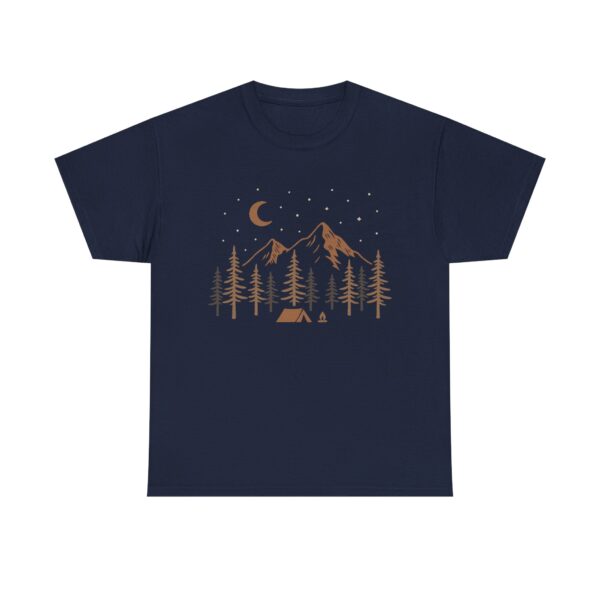 Camping unisex T-Shirt – Night Campfire in Forest with Mountains, Moon & Stars – Outdoors Nature Lover Tee - Image 3