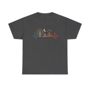 Camping heartbeat t-shirt – minimalist tent and campfire design under moon and stars
