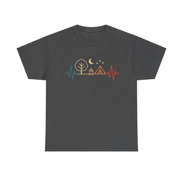 Camping heartbeat t-shirt – minimalist tent and campfire design under moon and stars