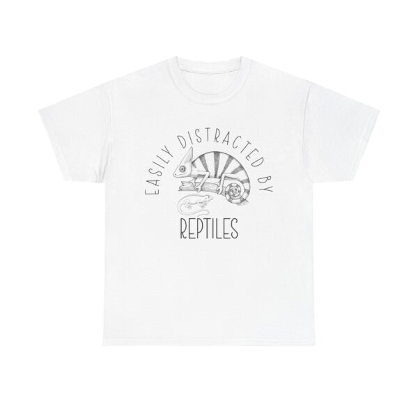 Vintage-style chameleon and lizard graphic with the phrase "Easily Distracted By Reptiles" – funny reptile lover t-shirt