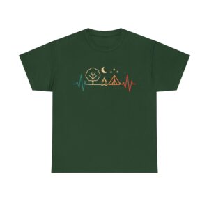 Camping heartbeat t-shirt – minimalist tent and campfire design under moon and stars