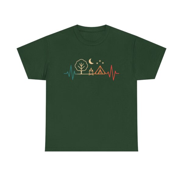 Camping heartbeat t-shirt – minimalist tent and campfire design under moon and stars