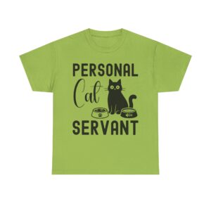 Funny cat t-shirt with “Personal Cat Servant” text and cute cat graphic