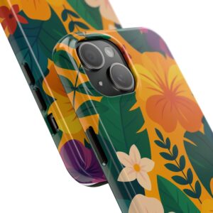 Tropical phone case with orange hibiscus flowers and green leaves