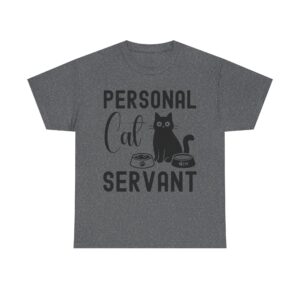 Funny cat t-shirt with “Personal Cat Servant” text and cute cat graphic