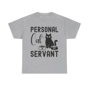 Funny cat t-shirt with “Personal Cat Servant” text and cute cat graphic