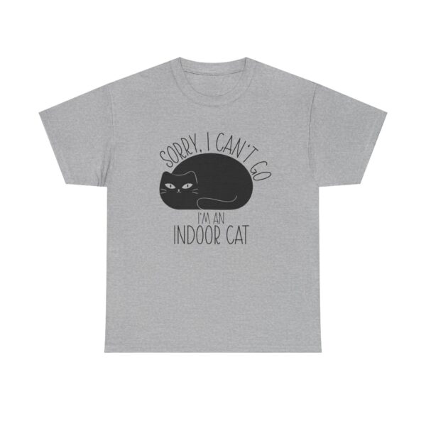 Cute graphic black cat on a t-shirt with the text: "Sorry, I can't go. I'm an indoor cat."
