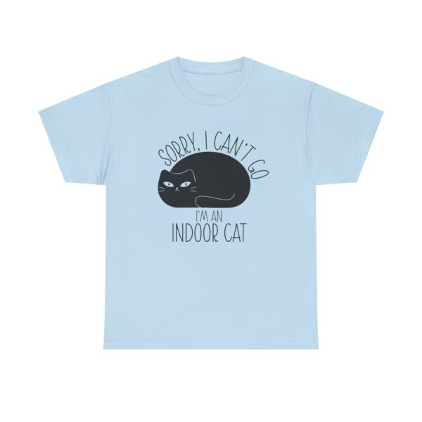 Cute graphic black cat on a t-shirt with the text: "Sorry, I can't go. I'm an indoor cat."