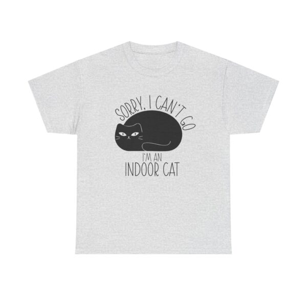 Cute graphic black cat on a t-shirt with the text: "Sorry, I can't go. I'm an indoor cat."