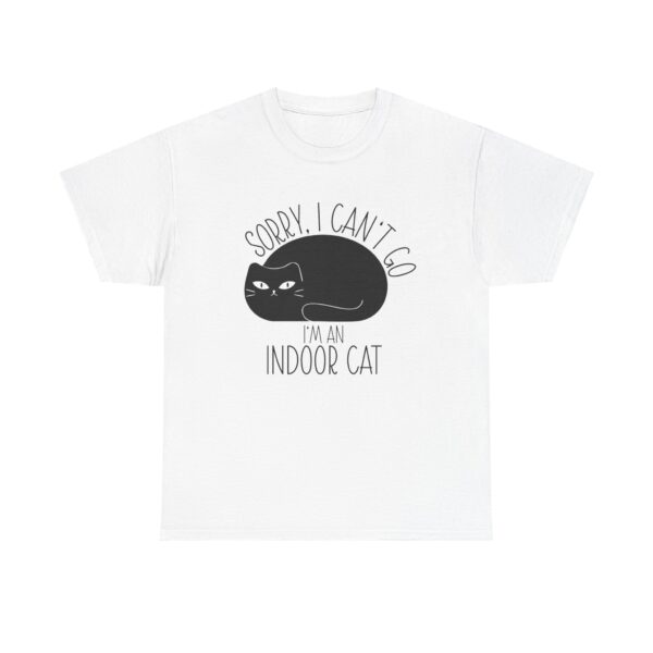 Cute graphic black cat on a t-shirt with the text: "Sorry, I can't go. I'm an indoor cat."