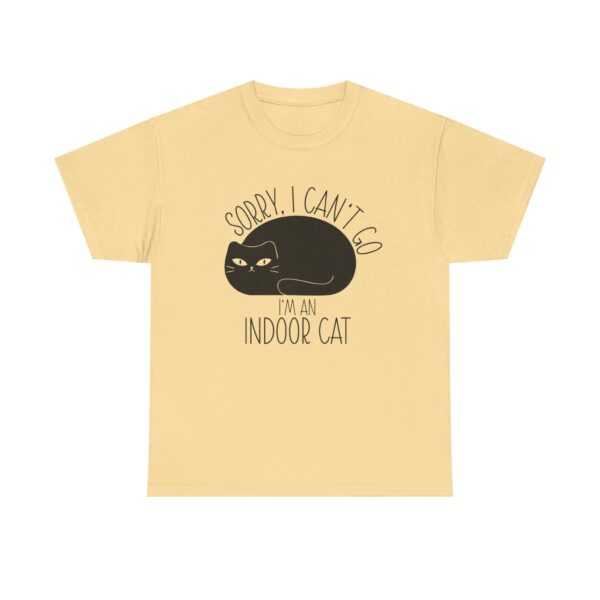 Cute graphic black cat on a t-shirt with the text: "Sorry, I can't go. I'm an indoor cat."