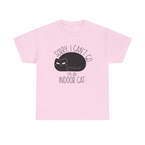 Cute graphic black cat on a t-shirt with the text: "Sorry, I can't go. I'm an indoor cat."