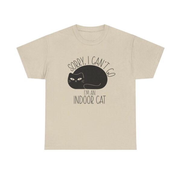 Cute graphic black cat on a t-shirt with the text: "Sorry, I can't go. I'm an indoor cat."