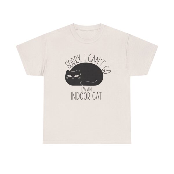 Cute graphic black cat on a t-shirt with the text: "Sorry, I can't go. I'm an indoor cat."