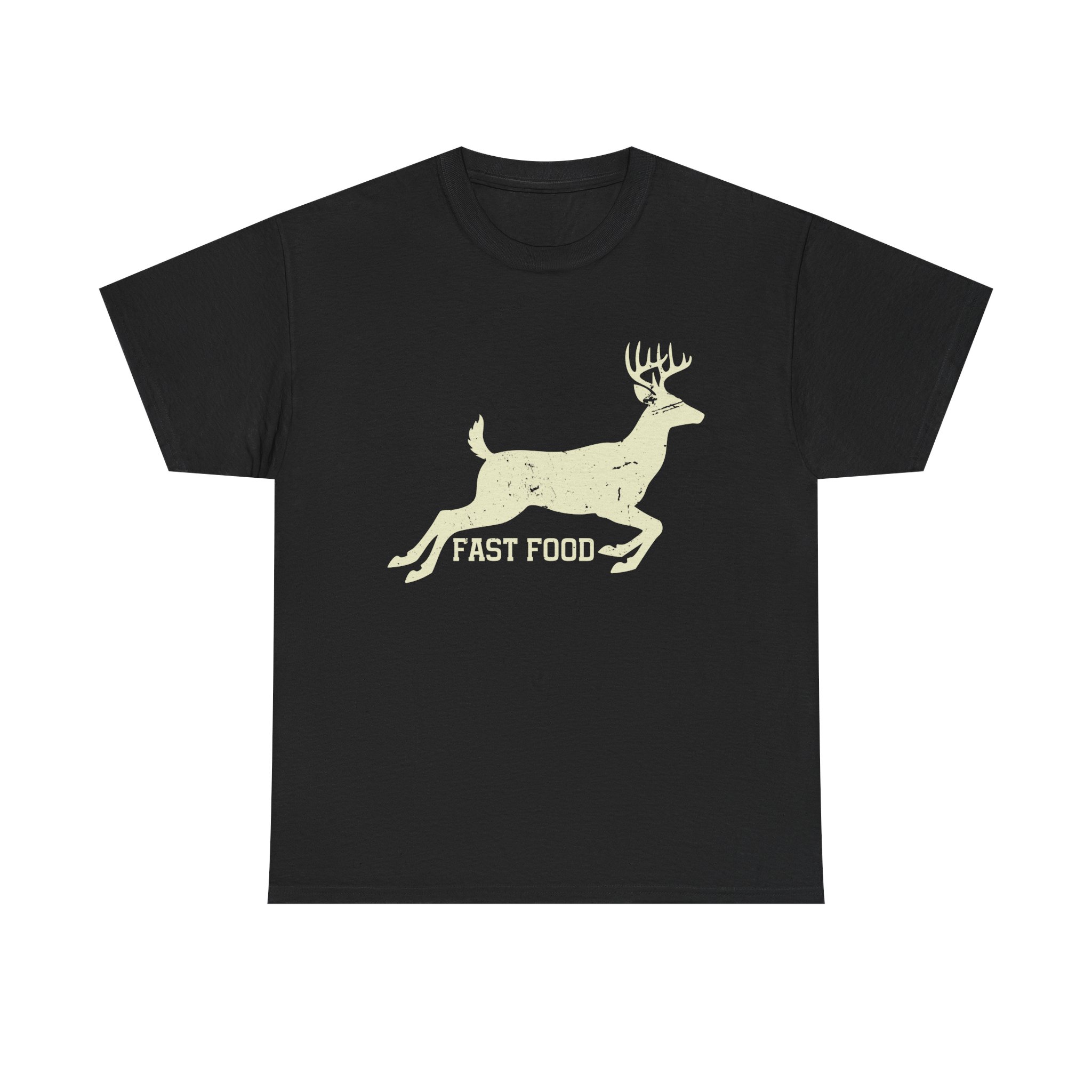 Funny hunting t-shirt with running deer and “Fast Food” design.