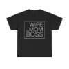 A t-shirt design with the words "WIFE MOM BOSS" in white text and a crown icon.