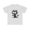 Black silhouette of a cat drinking coffee on a t-shirt design.
