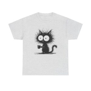Black silhouette of a cat drinking coffee on a t-shirt design.