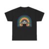 Retro sea turtle T-shirt design with a colorful rainbow arc and ocean waves.